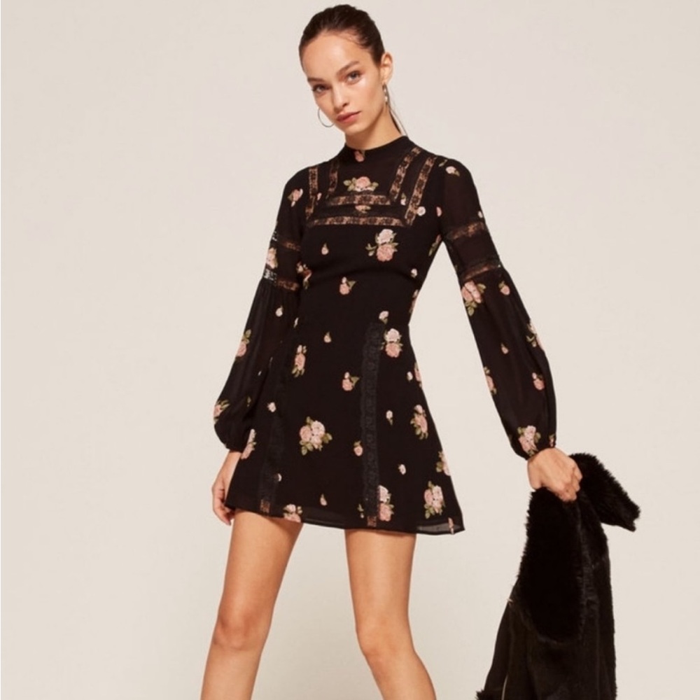 Reformation “Sashi dress” mini long sleeve black floral dress